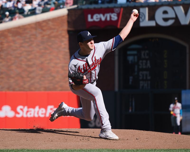 Aug 27, 2023; San Francisco, California, USA; Atlanta Braves starting pitcher Jared Shuster (53) pitches the ball against the San Francisco Giants during the first inning at Oracle Park. Mandatory Credit: Kelley L Cox-USA TODAY Sports