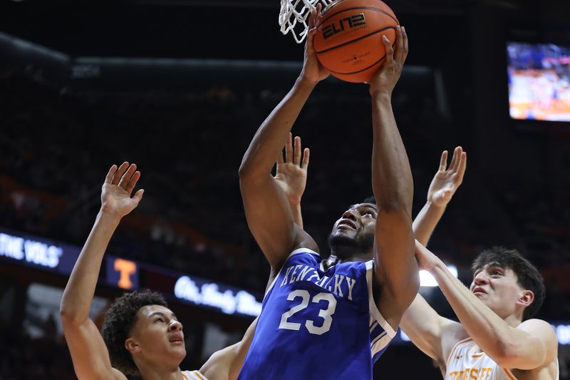 Jan 17, 2026; Knoxville, Tennessee, USA; Kentucky Wildcats forward Mouhamed Dioubate (23) goes to the basket against the Tennessee Volunteers during the second half at Thompson-Boling Arena at Food City Center. Mandatory Credit: Randy Sartin-Imagn Images