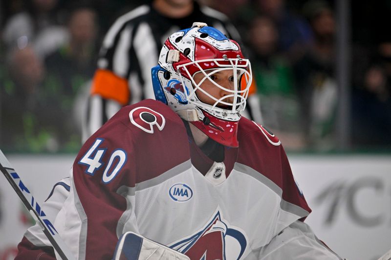 Nov 29, 2024; Dallas, Texas, USA; Colorado Avalanche goaltender Alexandar Georgiev (40) faces the Dallas Stars attack during the second period at the American Airlines Center. Mandatory Credit: Jerome Miron-Imagn Images