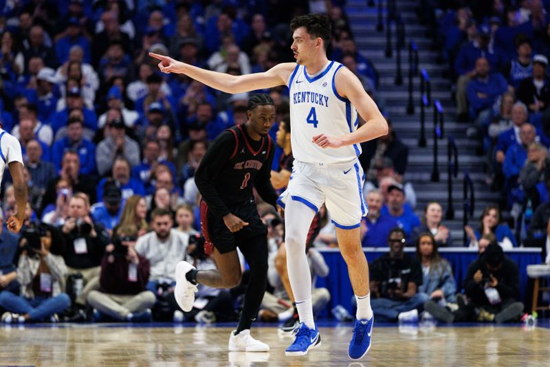 Dec 9, 2025; Lexington, Kentucky, USA; Kentucky Wildcats forward Andrija Jelavic (4) reacts after making a basket during the first half against the North Carolina Central Eagles at Rupp Arena at Central Bank Center. Mandatory Credit: Jordan Prather-Imagn Images