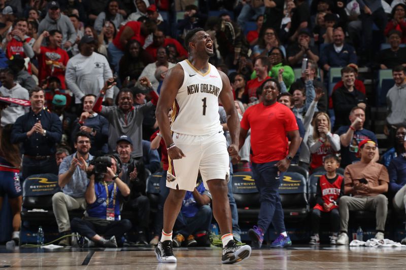 NEW ORLEANS, LA - FEBRUARY 22: Zion Williamson #1 of the New Orleans Pelicans celebrates during the game against the Houston Rockets on February 22, 2024 at the Smoothie King Center in New Orleans, Louisiana. NOTE TO USER: User expressly acknowledges and agrees that, by downloading and or using this Photograph, user is consenting to the terms and conditions of the Getty Images License Agreement. Mandatory Copyright Notice: Copyright 2024 NBAE (Photo by Layne Murdoch Jr./NBAE via Getty Images)