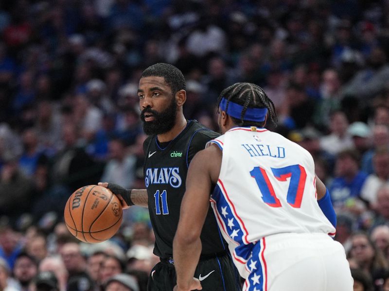 DALLAS, TX - MARCH 3: Kyrie Irving #11 of the Dallas Mavericks dribbles the ball during the game against the Philadelphia 76ers on March 3, 2024 at the American Airlines Center in Dallas, Texas. NOTE TO USER: User expressly acknowledges and agrees that, by downloading and or using this photograph, User is consenting to the terms and conditions of the Getty Images License Agreement. Mandatory Copyright Notice: Copyright 2024 NBAE (Photo by Glenn James/NBAE via Getty Images)