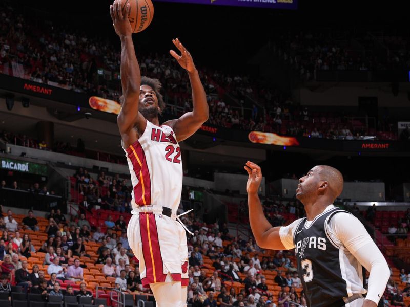 MIAMI, FL - OCTOBER 15: Jimmy Butler #22 of the Miami Heat drives to the basket during the game against the San Antonio Spurs during a NBA preseason game on October 15, 2024 at Kaseya Center in Miami, Florida. NOTE TO USER: User expressly acknowledges and agrees that, by downloading and or using this Photograph, user is consenting to the terms and conditions of the Getty Images License Agreement. Mandatory Copyright Notice: Copyright 2024 NBAE (Photo by Jesse D. Garrabrant/NBAE via Getty Images)