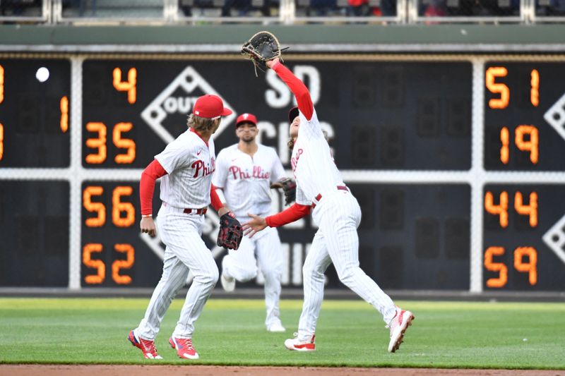 Apr 25, 2023; Philadelphia, Pennsylvania, USA; Philadelphia Phillies first baseman Alec Bohm (28) catches a pop-up during the third inning against the Seattle Mariners at Citizens Bank Park. Mandatory Credit: Eric Hartline-USA TODAY Sports
