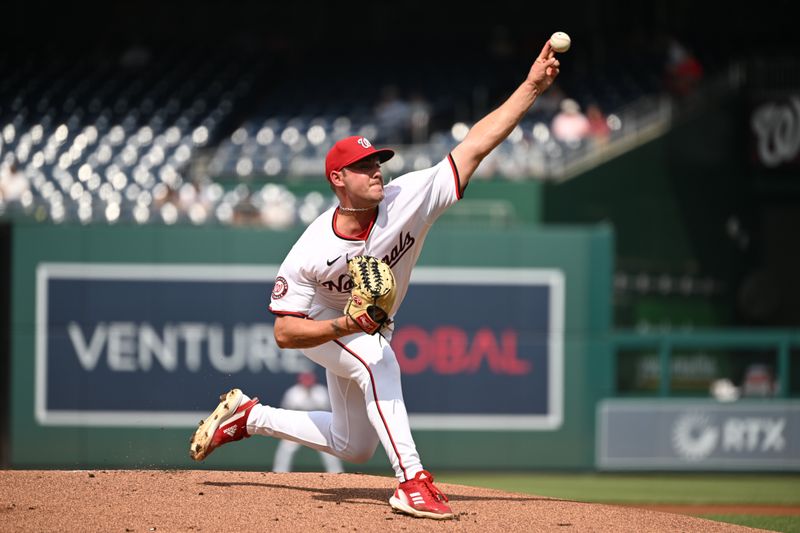 Jul 8, 2024; Washington, District of Columbia, USA; Washington Nationals starting pitcher Mitchell Parker (70) throws a pitch against the St. Louis Cardinals during the first inning at Nationals Park. Mandatory Credit: Rafael Suanes-USA TODAY Sports