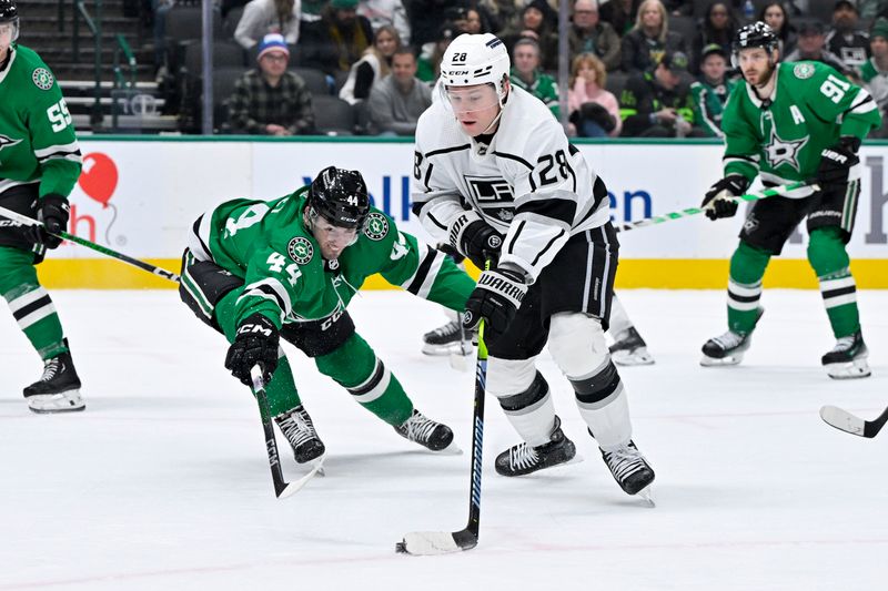 Jan 16, 2024; Dallas, Texas, USA; Los Angeles Kings center Jaret Anderson-Dolan (28) skates past Dallas Stars defenseman Joel Hanley (44) during the third period at the American Airlines Center. Mandatory Credit: Jerome Miron-USA TODAY Sports