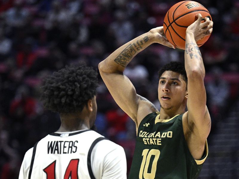 Feb 13, 2024; San Diego, California, USA; Colorado State Rams guard Nique Clifford (10) controls the ball while defended by San Diego State Aztecs guard Reese Waters (14) during the second half at Viejas Arena. Mandatory Credit: Orlando Ramirez-USA TODAY Sports