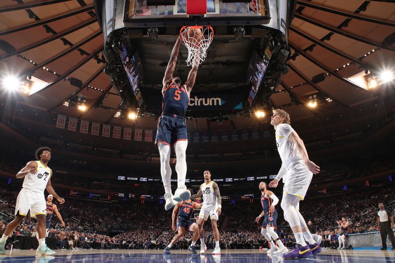 NEW YORK, NY - JANUARY 30: Precious Achiuwa #5 of the New York Knicks dunks the ball during the game against the Utah Jazz on January 30, 2024 at Madison Square Garden in New York City, New York.  NOTE TO USER: User expressly acknowledges and agrees that, by downloading and or using this photograph, User is consenting to the terms and conditions of the Getty Images License Agreement. Mandatory Copyright Notice: Copyright 2024 NBAE  (Photo by Nathaniel S. Butler/NBAE via Getty Images)