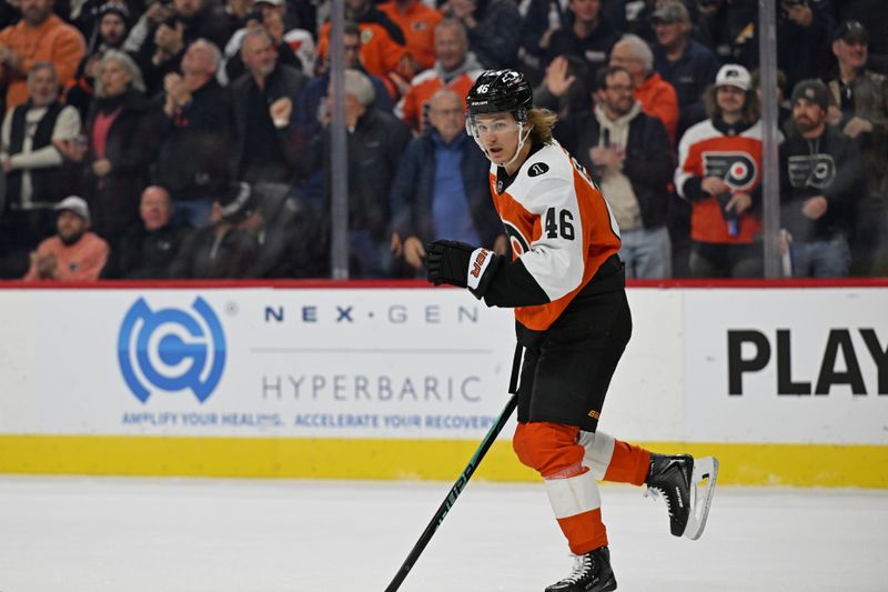 Dec 11, 2025; Philadelphia, Pennsylvania, USA; Philadelphia Flyers center Trevor Zegras (46) celebrates his goal against the Vegas Golden Knights during the first period at Xfinity Mobile Arena. Mandatory Credit: Eric Hartline-Imagn Images