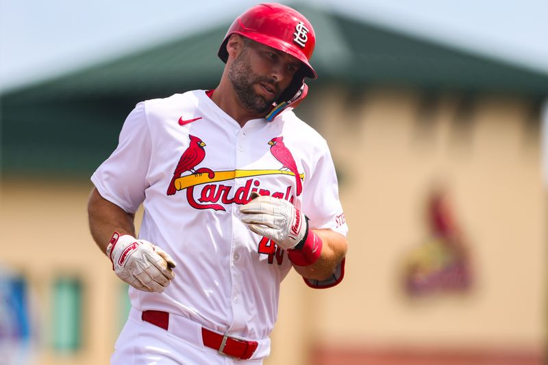 Mar 5, 2024; Jupiter, Florida, USA; St. Louis Cardinals first baseman Paul Goldschmidt (46) circles the bases after hitting a home run against the Minnesota Twins during the first inning at Roger Dean Chevrolet Stadium. Mandatory Credit: Sam Navarro-USA TODAY Sports