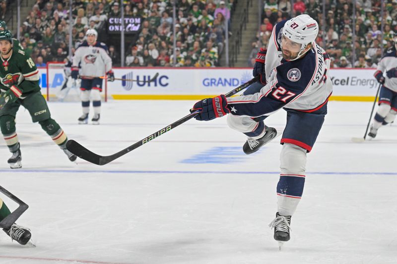 Oct 11, 2025; Saint Paul, Minnesota, USA;  Columbus Blue Jackets forward Zach Aston-Reese (27) takes a shot against the Minnesota Wild during the first period at Grand Casino Arena. Mandatory Credit: Nick Wosika-Imagn Images