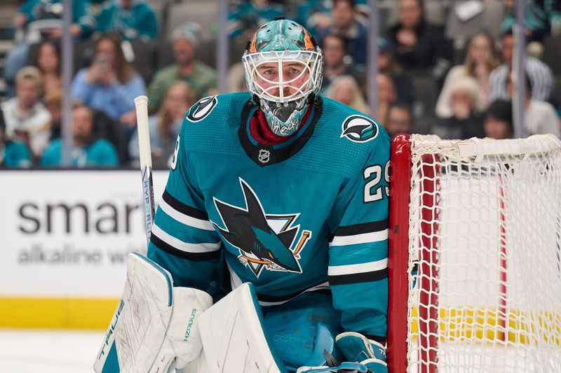 Jan 30, 2024; San Jose, California, USA; San Jose Sharks goaltender Mackenzie Blackwood (29) defends the net against the Seattle Kraken during the first period at SAP Center at San Jose. Mandatory Credit: Robert Edwards-USA TODAY Sports