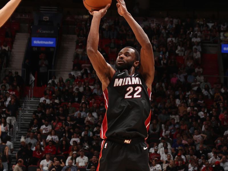 MIAMI, FL - March 23:  Andrew Wiggins #22 of the Miami Heat shoots the ball during the game against the Charlotte Hornets on March 23, 2025 at Kaseya Center in Miami, Florida. NOTE TO USER: User expressly acknowledges and agrees that, by downloading and or using this Photograph, user is consenting to the terms and conditions of the Getty Images License Agreement. Mandatory Copyright Notice: Copyright 2025 NBAE (Photo by Issac Baldizon/NBAE via Getty Images)