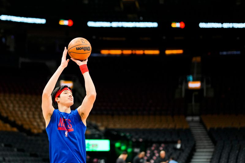 TORONTO, CANADA - DECEMBER 16: Yuta Watanabe #18 of the Brooklyn Nets warms up before the game against the Toronto Raptors on December 16, 2022 at the Scotiabank Arena in Toronto, Ontario, Canada.  NOTE TO USER: User expressly acknowledges and agrees that, by downloading and or using this Photograph, user is consenting to the terms and conditions of the Getty Images License Agreement.  Mandatory Copyright Notice: Copyright 2022 NBAE (Photo by Andrew Lahodynskyj/NBAE via Getty Images)