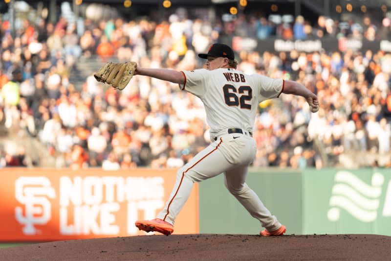 Jul 3, 2023; San Francisco, California, USA;  San Francisco Giants starting pitcher Logan Webb (62) pitches during the first inning against the Seattle Mariners at Oracle Park. Mandatory Credit: Stan Szeto-USA TODAY Sports