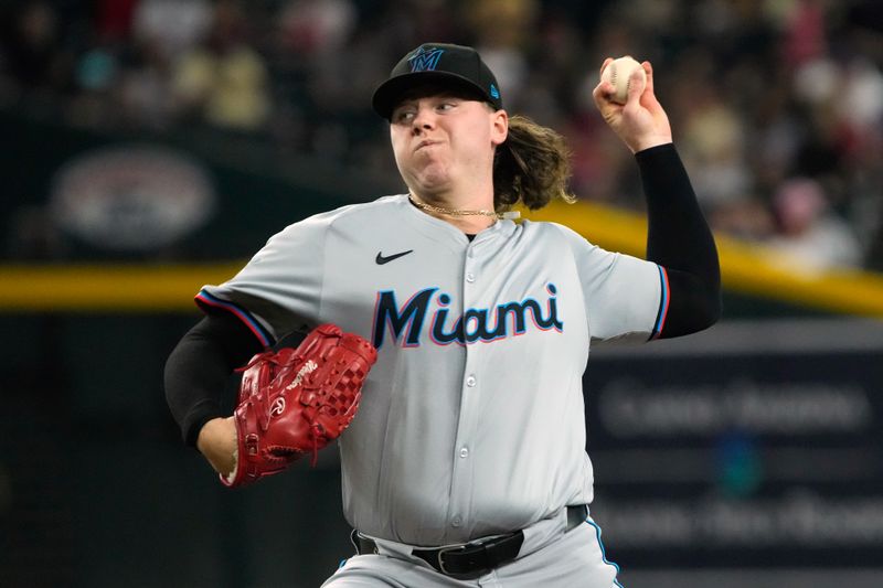 May 26, 2024; Phoenix, Arizona, USA; Miami Marlins pitcher Ryan Weathers (60) throws against the Arizona Diamondbacks in the first inning at Chase Field. Mandatory Credit: Rick Scuteri-USA TODAY Sports