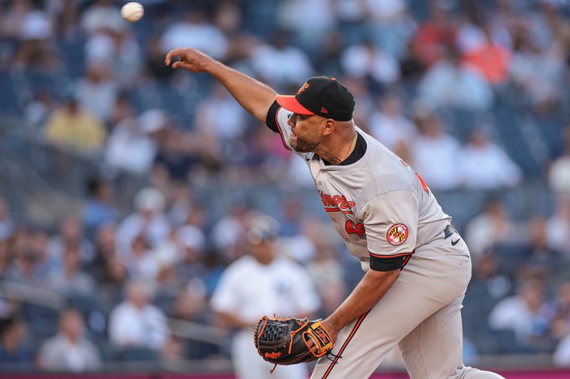 Jun 18, 2024; Bronx, New York, USA; Baltimore Orioles starting pitcher Albert Suarez (49) delivers a pitch during the first inning against the New York Yankees at Yankee Stadium. Mandatory Credit: Vincent Carchietta-USA TODAY Sports