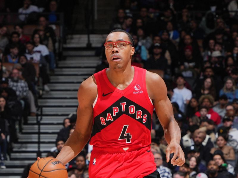 TORONTO, CANADA - DECEMBER 05:  Scottie Barnes #4 of the Toronto Raptors handles the ball during the game against the Oklahoma City Thunder on December 05, 2024 at the Scotiabank Arena in Toronto, Ontario, Canada.  NOTE TO USER: User expressly acknowledges and agrees that, by downloading and or using this Photograph, user is consenting to the terms and conditions of the Getty Images License Agreement.  Mandatory Copyright Notice: Copyright 2024 NBAE (Photo by Mark Blinch/NBAE via Getty Images)