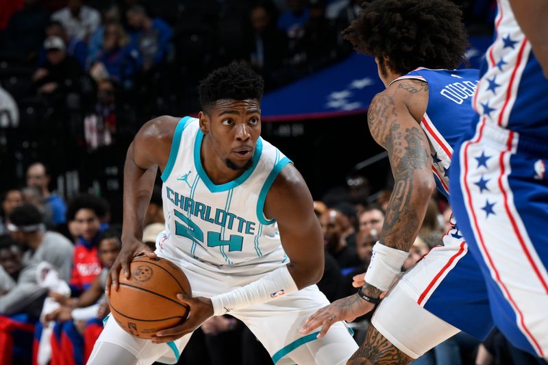 PHILADELPHIA, PA - NOVEMBER 10: Brandon Miller #24 of the Charlotte Hornets dribbles the ball during the game against the Philadelphia 76ers on November 10, 2024 at the Wells Fargo Center in Philadelphia, Pennsylvania NOTE TO USER: User expressly acknowledges and agrees that, by downloading and/or using this Photograph, user is consenting to the terms and conditions of the Getty Images License Agreement. Mandatory Copyright Notice: Copyright 2024 NBAE (Photo by David Dow/NBAE via Getty Images)