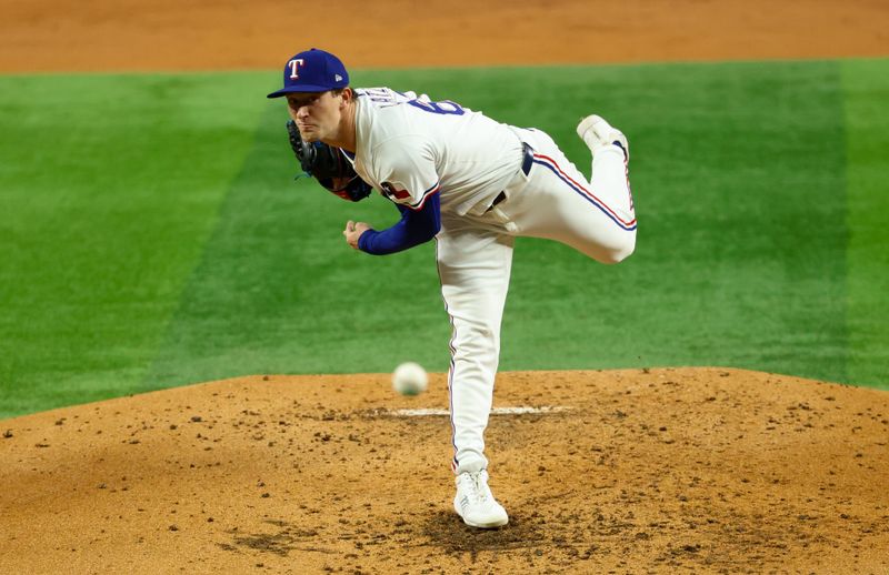 May 27, 2025; Arlington, Texas, USA; Texas Rangers relief pitcher Jacob Latz (67) throws during the third inning against the Toronto Blue Jays at Globe Life Field. Mandatory Credit: Kevin Jairaj-Imagn Images
