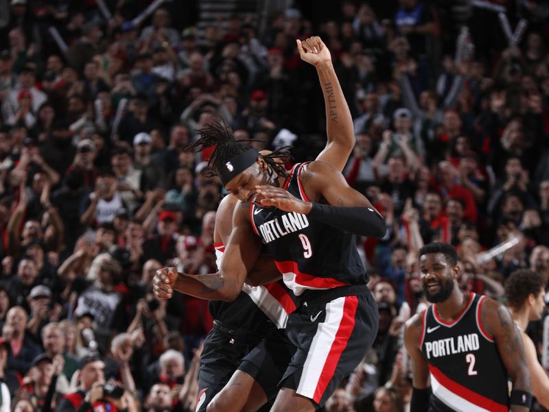 PORTLAND, OR - JANUARY 31:  Jerami Grant #9 of the Portland Trail Blazers celebrate during the game on January 31, 2024 at the Moda Center Arena in Portland, Oregon. NOTE TO USER: User expressly acknowledges and agrees that, by downloading and or using this photograph, user is consenting to the terms and conditions of the Getty Images License Agreement. Mandatory Copyright Notice: Copyright 2024 NBAE (Photo by Cameron Browne/NBAE via Getty Images)