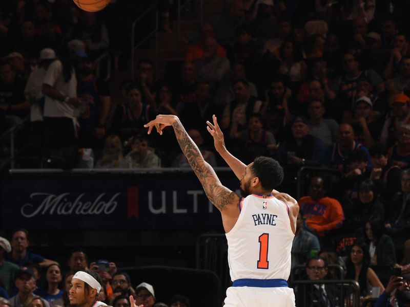 NEW YORK, NY - MAY 10: Cameron Payne #1 of the New York Knicks shoots a three point basket during the game against the Boston Celtics  during Round Two Game Three of the 2025 NBA Playoffs on May 10, 2025 at Madison Square Garden in New York City, New York.  NOTE TO USER: User expressly acknowledges and agrees that, by downloading and or using this photograph, User is consenting to the terms and conditions of the Getty Images License Agreement. Mandatory Copyright Notice: Copyright 2025 NBAE  (Photo by Brian Babineau/NBAE via Getty Images)