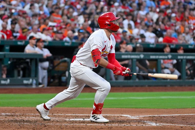 May 20, 2024; St. Louis, Missouri, USA;  St. Louis Cardinals center fielder Michael Siani (63) hits a three run home run against the Baltimore Orioles during the fourth inning at Busch Stadium. Mandatory Credit: Jeff Curry-USA TODAY Sports
