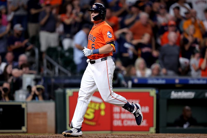 Aug 16, 2024; Houston, Texas, USA; Houston Astros center fielder Jake Meyers (6) crosses home plate after hitting a two-run home run against the Chicago White Sox during the sixth inning at Minute Maid Park. Mandatory Credit: Erik Williams-USA TODAY Sports