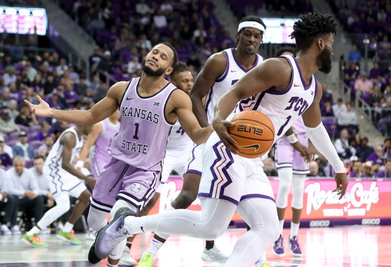 Jan 14, 2023; Fort Worth, Texas, USA;  Kansas State Wildcats guard Markquis Nowell (1) reacts in front of TCU Horned Frogs guard Mike Miles Jr. (1) during the second half at Ed and Rae Schollmaier Arena. Mandatory Credit: Kevin Jairaj-USA TODAY Sports