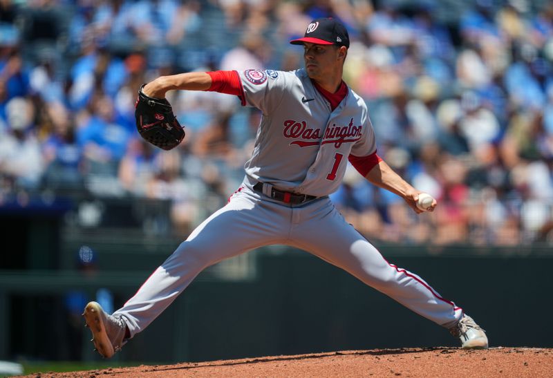 May 28, 2023; Kansas City, Missouri, USA; Washington Nationals starting pitcher MacKenzie Gore (1) pitches during the first inning against the Kansas City Royals at Kauffman Stadium. Mandatory Credit: Jay Biggerstaff-USA TODAY Sports