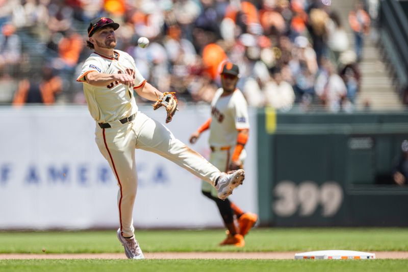 Jun 12, 2024; San Francisco, California, USA;  San Francisco Giants shortstop Brett Wisely (0) makes a throw to first during the fourth inning against the Houston Astros at Oracle Park. Mandatory Credit: Bob Kupbens-USA TODAY Sports