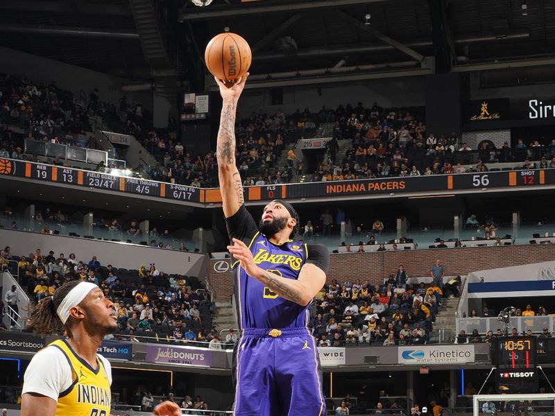 INDIANAPOLIS, IN - MARCH 29: Anthony Davis #3 of the Los Angeles Lakers shoots the ball during the game against the Indiana Pacers on March 29, 2024 at Gainbridge Fieldhouse in Indianapolis, Indiana. NOTE TO USER: User expressly acknowledges and agrees that, by downloading and or using this Photograph, user is consenting to the terms and conditions of the Getty Images License Agreement. Mandatory Copyright Notice: Copyright 2024 NBAE (Photo by Ron Hoskins/NBAE via Getty Images)