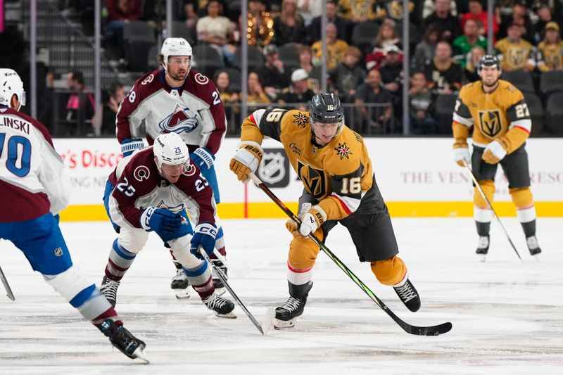 Oct 9, 2024; Las Vegas, Nevada, USA; Vegas Golden Knights left wing Pavel Dorofeyev (16) skates with the puck against Colorado Avalanche right wing Logan O’Connor (25), left wing Miles Wood (28) and defenseman Sam Malinski (70) during the second period at T-Mobile Arena. Mandatory Credit: Lucas Peltier-Imagn Images