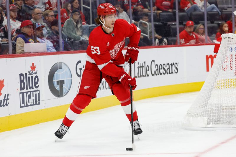 Oct 4, 2024; Detroit, Michigan, USA;  Detroit Red Wings defenseman Moritz Seider (53) skates with the puck in the third period against the Ottawa Senators at Little Caesars Arena. Mandatory Credit: Rick Osentoski-Imagn Images