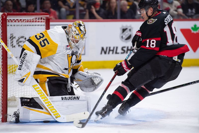 Mar 12, 2024; Ottawa, Ontario, CAN; Pittsburgh Penguins goalie Tristan Jarry (35) makes a save on a shot from Ottawa Senators center Tim Stutzle (18) in the first period at the Canadian Tire Centre. Mandatory Credit: Marc DesRosiers-USA TODAY Sports