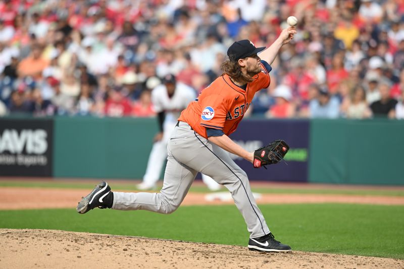Jun 7, 2025; Cleveland, Ohio, USA; Houston Astros relief pitcher Steven Okert (48) throws a pitch during the sixth inning against the Cleveland Guardians at Progressive Field. Mandatory Credit: Ken Blaze-Imagn Images