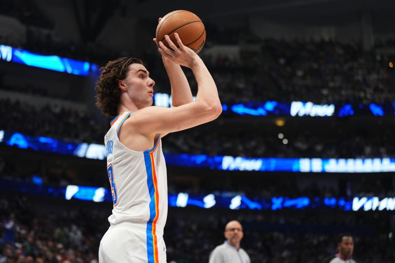 DALLAS, TX - MAY 18: Josh Giddey #3 of the Oklahoma City Thunder shoots the ball during the game against the Dallas Mavericks during Round 2 Game 6 of the 2024 NBA Playoffs on May 18, 2024 at the American Airlines Center in Dallas, Texas. NOTE TO USER: User expressly acknowledges and agrees that, by downloading and or using this photograph, User is consenting to the terms and conditions of the Getty Images License Agreement. Mandatory Copyright Notice: Copyright 2024 NBAE (Photo by Cooper Neill/NBAE via Getty Images)