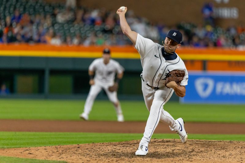 Aug 22, 2023; Detroit, Michigan, USA; Detroit Tigers relief pitcher Alex Lange (55) pitches in the ninth inning against the Chicago Cubs at Comerica Park. Mandatory Credit: David Reginek-USA TODAY Sports