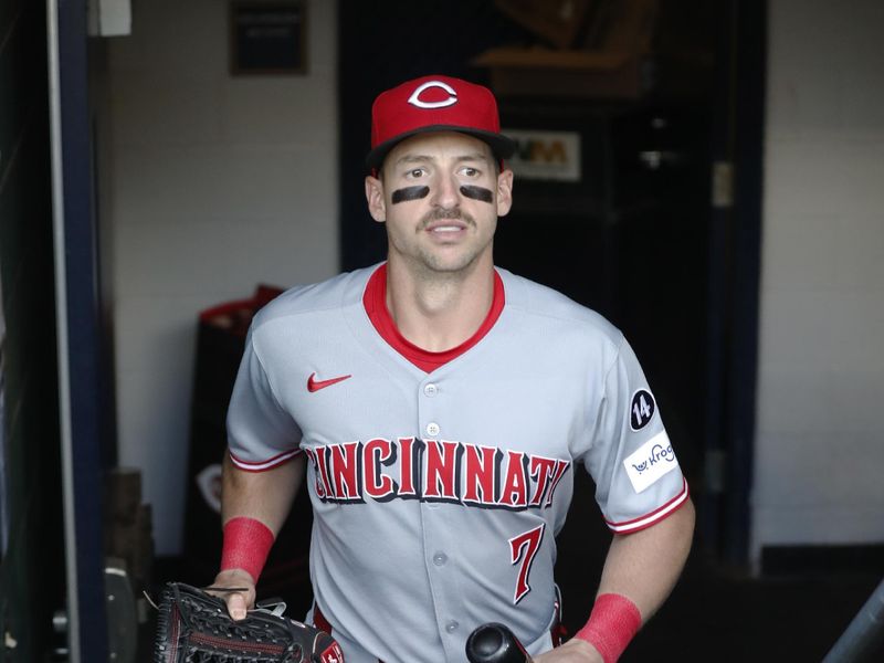 May 19, 2025; Pittsburgh, Pennsylvania, USA;  Cincinnati Reds first baseman Spencer Steer (7) enters the dugout to play the Pittsburgh Pirates at PNC Park. Mandatory Credit: Charles LeClaire-Imagn Images
