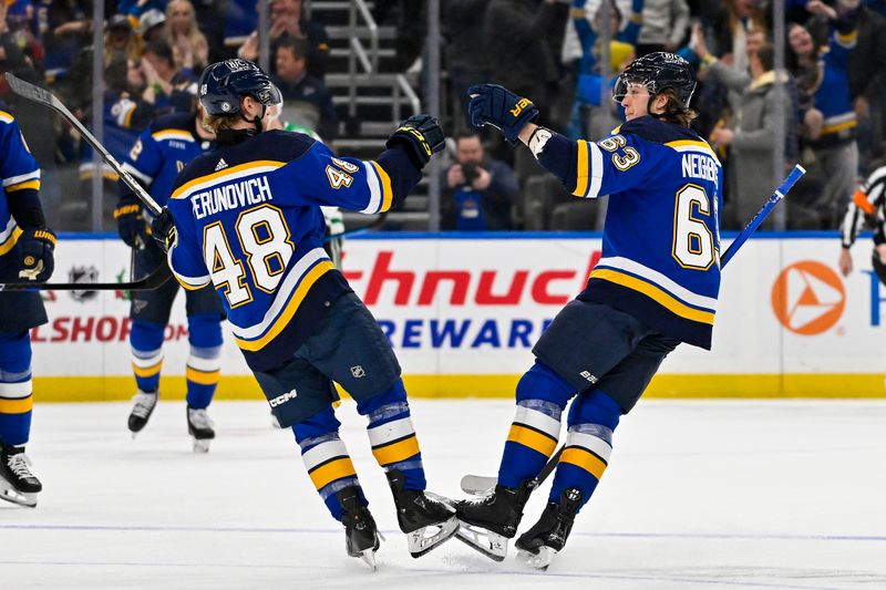 Dec 27, 2023; St. Louis, Missouri, USA;  St. Louis Blues left wing Jake Neighbours (63) is congratulated by defenseman Scott Perunovich (48) after scoring against the Dallas Stars during the first period at Enterprise Center. Mandatory Credit: Jeff Curry-USA TODAY Sports