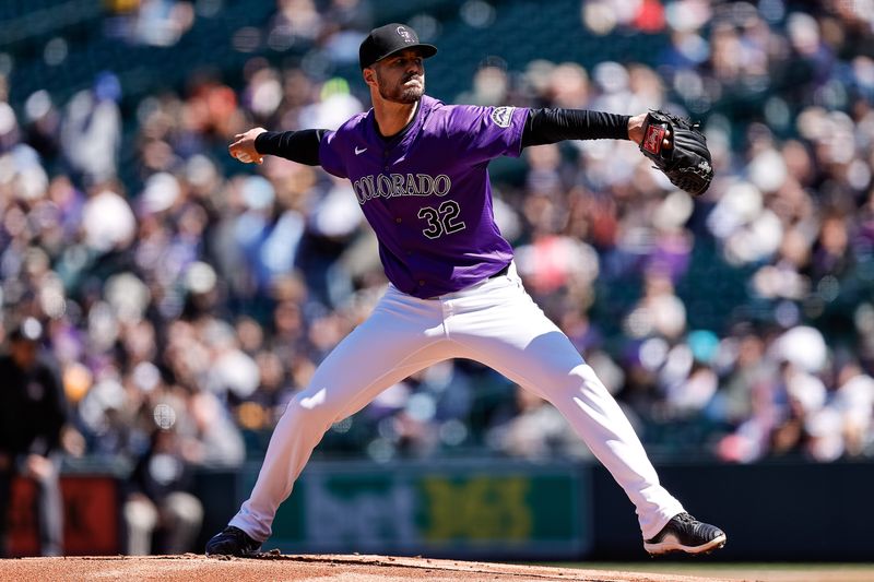 Apr 7, 2024; Denver, Colorado, USA; Colorado Rockies starting pitcher Dakota Hudson (32) pitches in the first inning against the Tampa Bay Rays at Coors Field. Mandatory Credit: Isaiah J. Downing-USA TODAY Sports