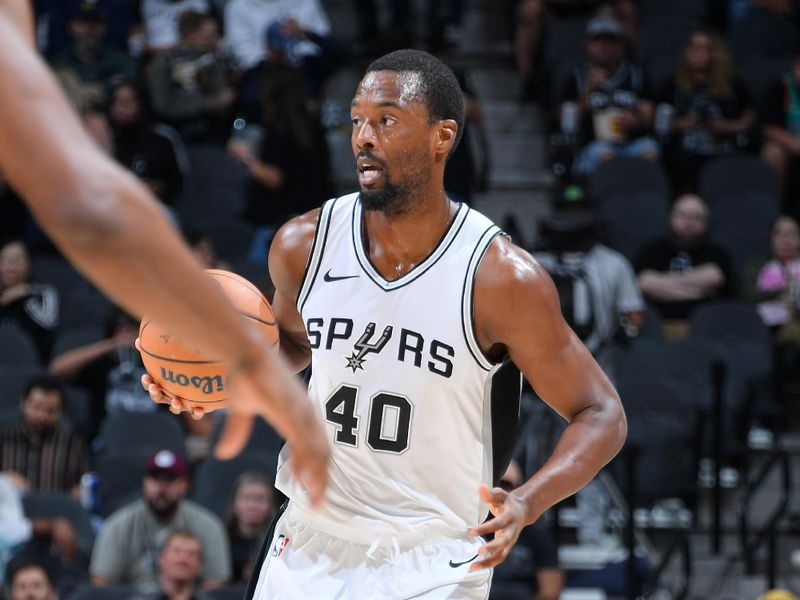 SAN ANTONIO, TX - NOVEMBER 7: Harrison Barnes #40 of the San Antonio Spurs dribbles the ball during the game against the Portland Trail Blazers on November 7, 2024 at the Frost Bank Center in San Antonio, Texas. NOTE TO USER: User expressly acknowledges and agrees that, by downloading and or using this photograph, user is consenting to the terms and conditions of the Getty Images License Agreement. Mandatory Copyright Notice: Copyright 2024 NBAE (Photos by Michael Gonzales/NBAE via Getty Images)
