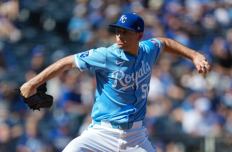 Sep 8, 2024; Kansas City, Missouri, USA; Kansas City Royals relief pitcher Kris Bubic (50) pitches during the eighth inning am at Kauffman Stadium. Mandatory Credit: Jay Biggerstaff-Imagn Images