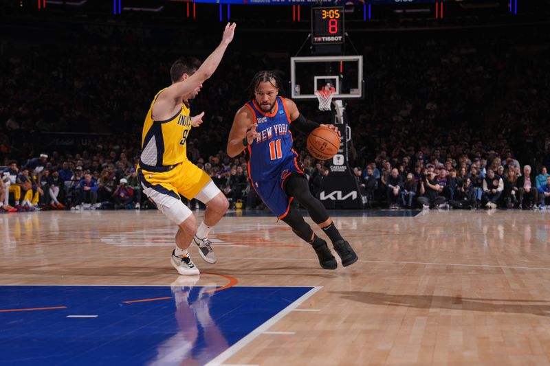 NEW YORK, NY - FEBRUARY 10: Jalen Brunson #11 of the New York Knicks dribbles the ball during the game against the Indiana Pacers on February 10, 2024 at Madison Square Garden in New York City, New York.  NOTE TO USER: User expressly acknowledges and agrees that, by downloading and or using this photograph, User is consenting to the terms and conditions of the Getty Images License Agreement. Mandatory Copyright Notice: Copyright 2024 NBAE  (Photo by Jesse D. Garrabrant/NBAE via Getty Images)