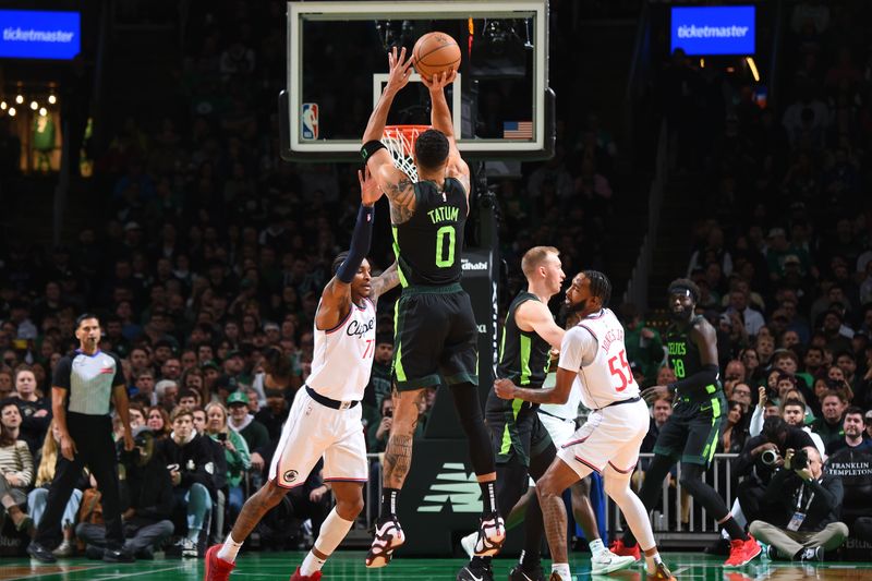 BOSTON, MA - NOVEMBER 25: Jayson Tatum #0 of the Boston Celtics shoots the ball during the game against the LA Clippers on November 25, 2024 at TD Garden in Boston, Massachusetts. NOTE TO USER: User expressly acknowledges and agrees that, by downloading and/or using this Photograph, user is consenting to the terms and conditions of the Getty Images License Agreement. Mandatory Copyright Notice: Copyright 2024 NBAE (Photo by Brian Babineau/NBAE via Getty Images)