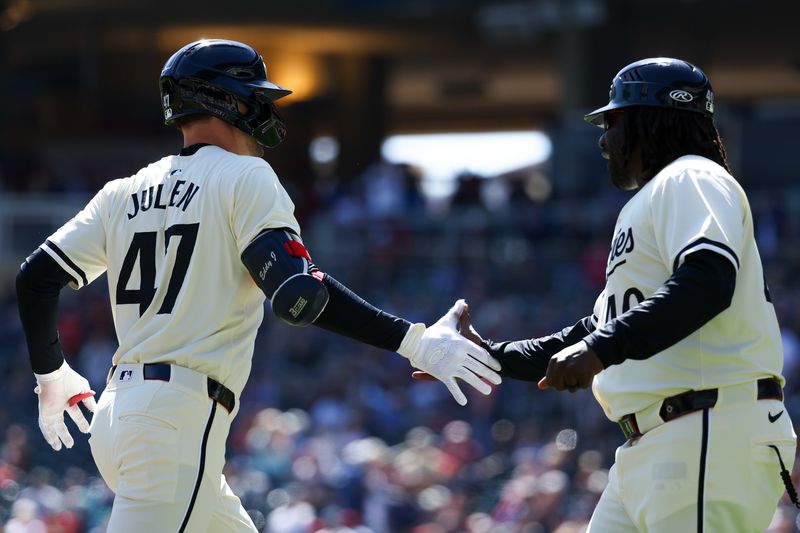 Apr 10, 2024; Minneapolis, Minnesota, USA; Minnesota Twins Edouard Julien (47) runs the bases after hitting a solo home run against the Los Angeles Dodgers during the first inning at Target Field. Mandatory Credit: Matt Krohn-USA TODAY Sports