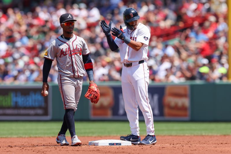 Jun 5, 2024; Boston, Massachusetts, USA; Boston Red Sox shortstop David Hamilton (70) reacts after hitting an RBI double during the second inning against the Atlanta Braves at Fenway Park. Mandatory Credit: Paul Rutherford-USA TODAY Sports