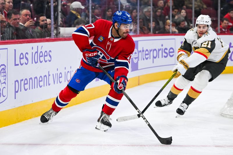 Nov 23, 2024; Montreal, Quebec, CAN; Montreal Canadiens defenseman Jayden Struble (47) plays the puck against the Las Vegas Golden Knights during the third period at Bell Centre. Mandatory Credit: David Kirouac-Imagn Images