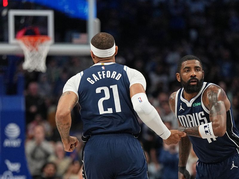 DALLAS, TX - FEBRUARY 10: Daniel Gafford #21 of the Dallas Mavericks high fives Kyrie Irving #11 during the game against the Oklahoma City Thunder on February 10, 2024 at the American Airlines Center in Dallas, Texas. NOTE TO USER: User expressly acknowledges and agrees that, by downloading and or using this photograph, User is consenting to the terms and conditions of the Getty Images License Agreement. Mandatory Copyright Notice: Copyright 2024 NBAE (Photo by Glenn James/NBAE via Getty Images)