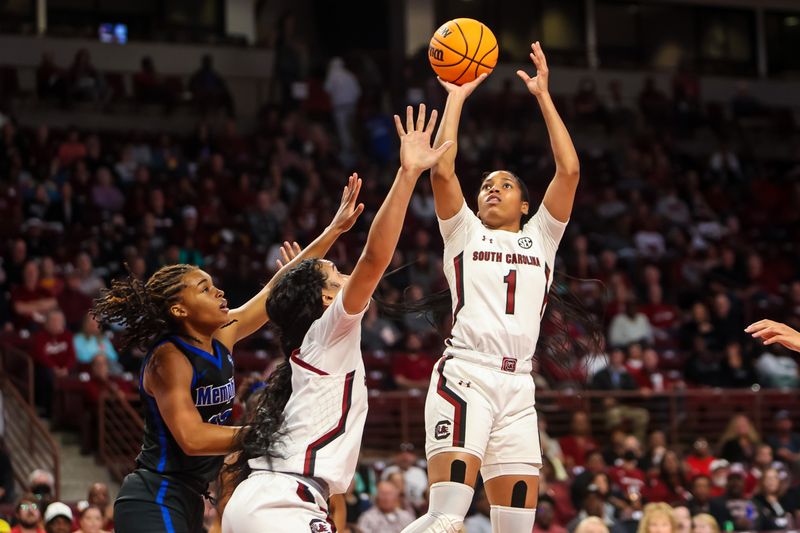 Dec 3, 2022; Columbia, South Carolina, USA; South Carolina Gamecocks guard Zia Cooke (1) shoots against the Memphis Tigers in the first half at Colonial Life Arena. Mandatory Credit: Jeff Blake-USA TODAY Sports